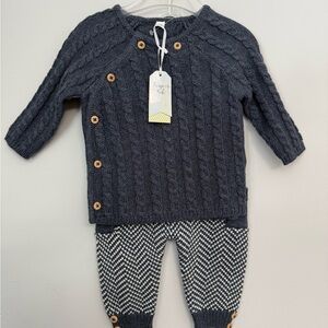 Blue Cable Knit Baby Sweater with Wooden Buttons